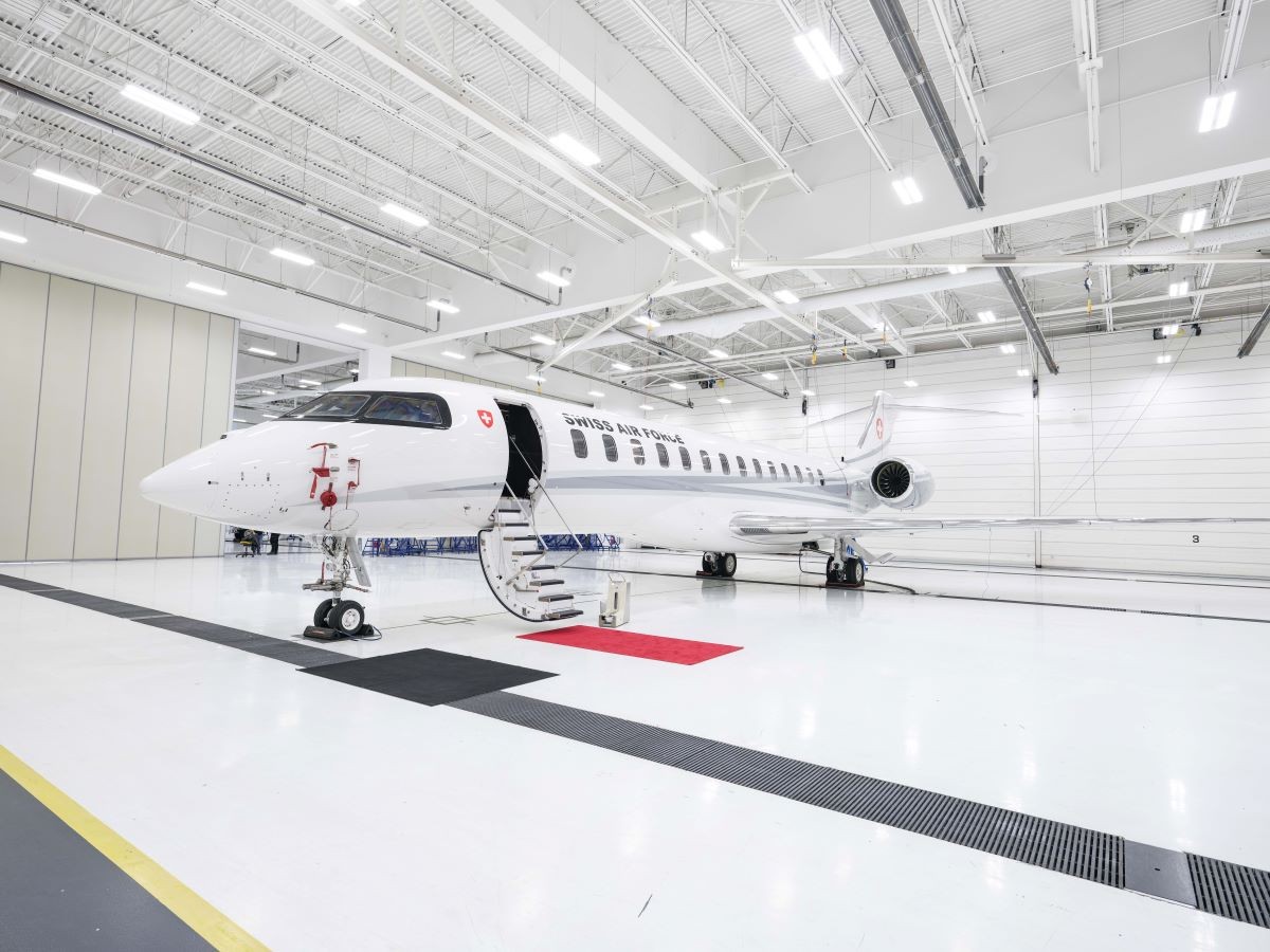 armasuisse’s New Head of State Multi-mission Global 7500 Aircraft in Bombardier's hangar, Montreal, Canada